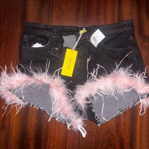 Black Denim Shorts with Pink Feather Trim